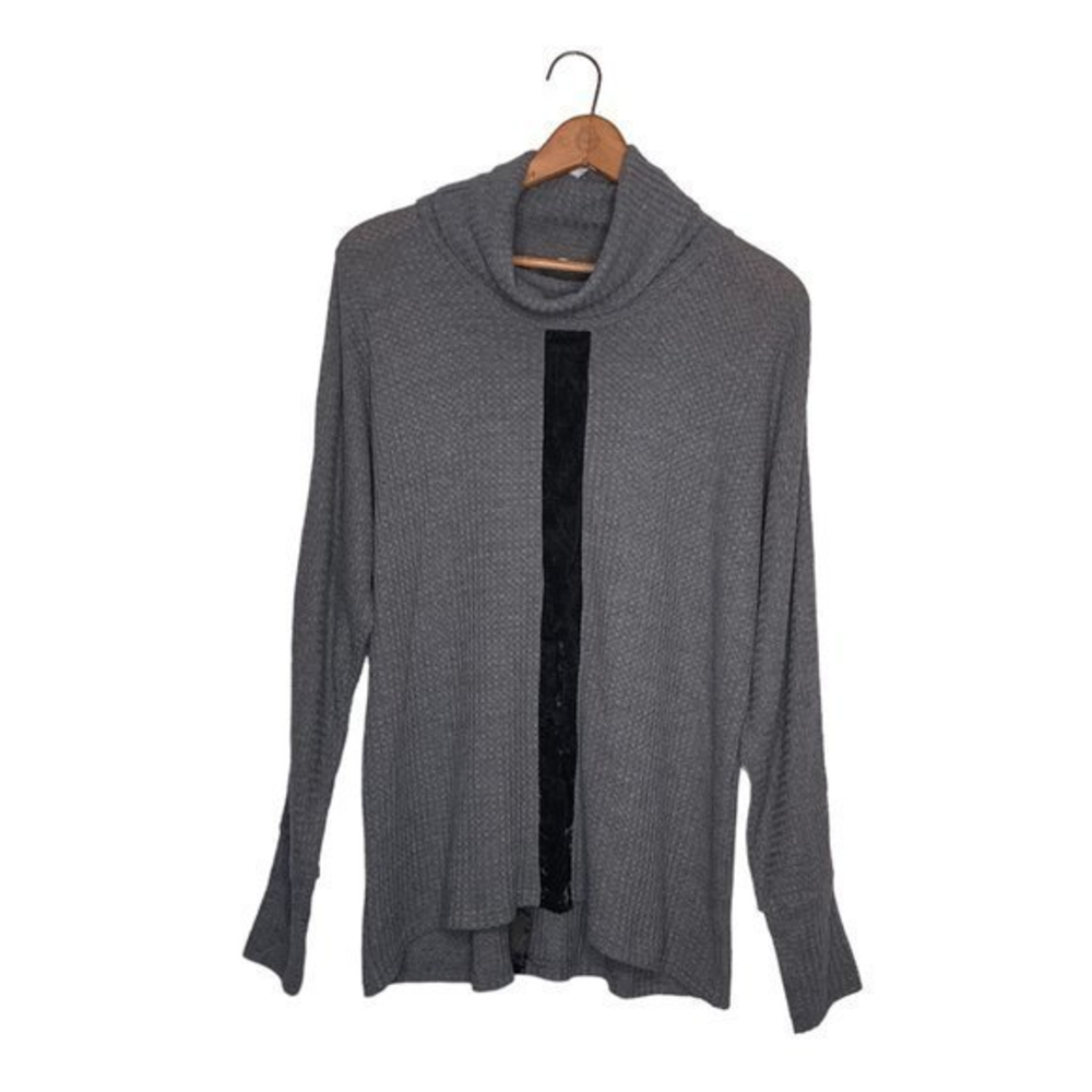 Anthropologie Small S Mystree Gray Thermal‎ Waffle Knit Velvet Stripe Cowl Top